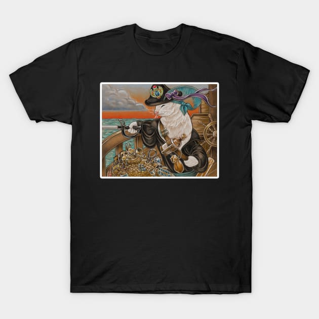 Ferret Pirate and Egyptian Treasure - White Outlined Version T-Shirt by Nat Ewert Art